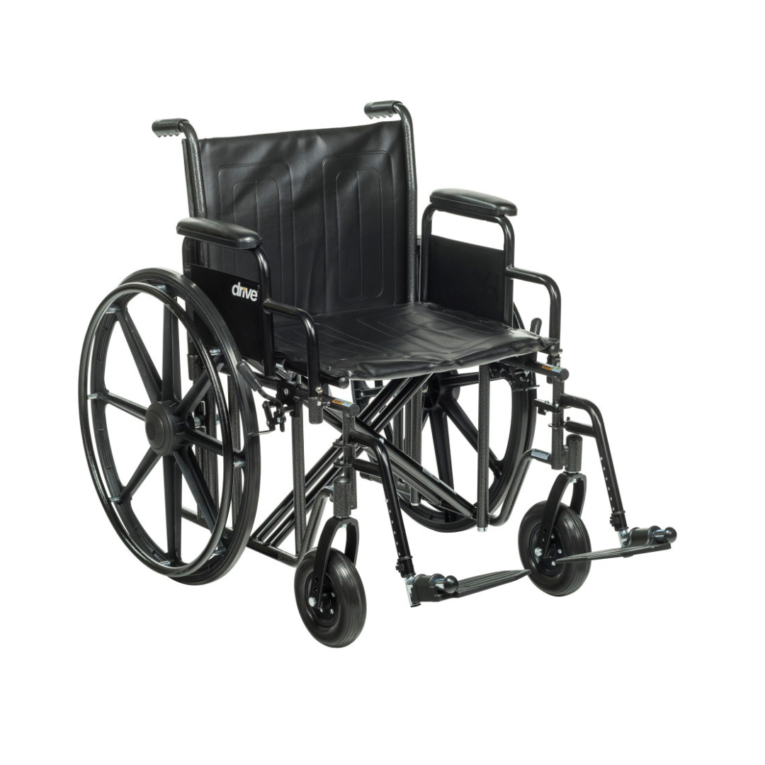 The Drive Bariatric Sentra EC Heavy-Duty Wheelchair is black, features large rear wheels, smaller front wheels, footrests, armrests, padded seat and backrest for comfort, and supports up to 450 lbs for reliable mobility assistance.